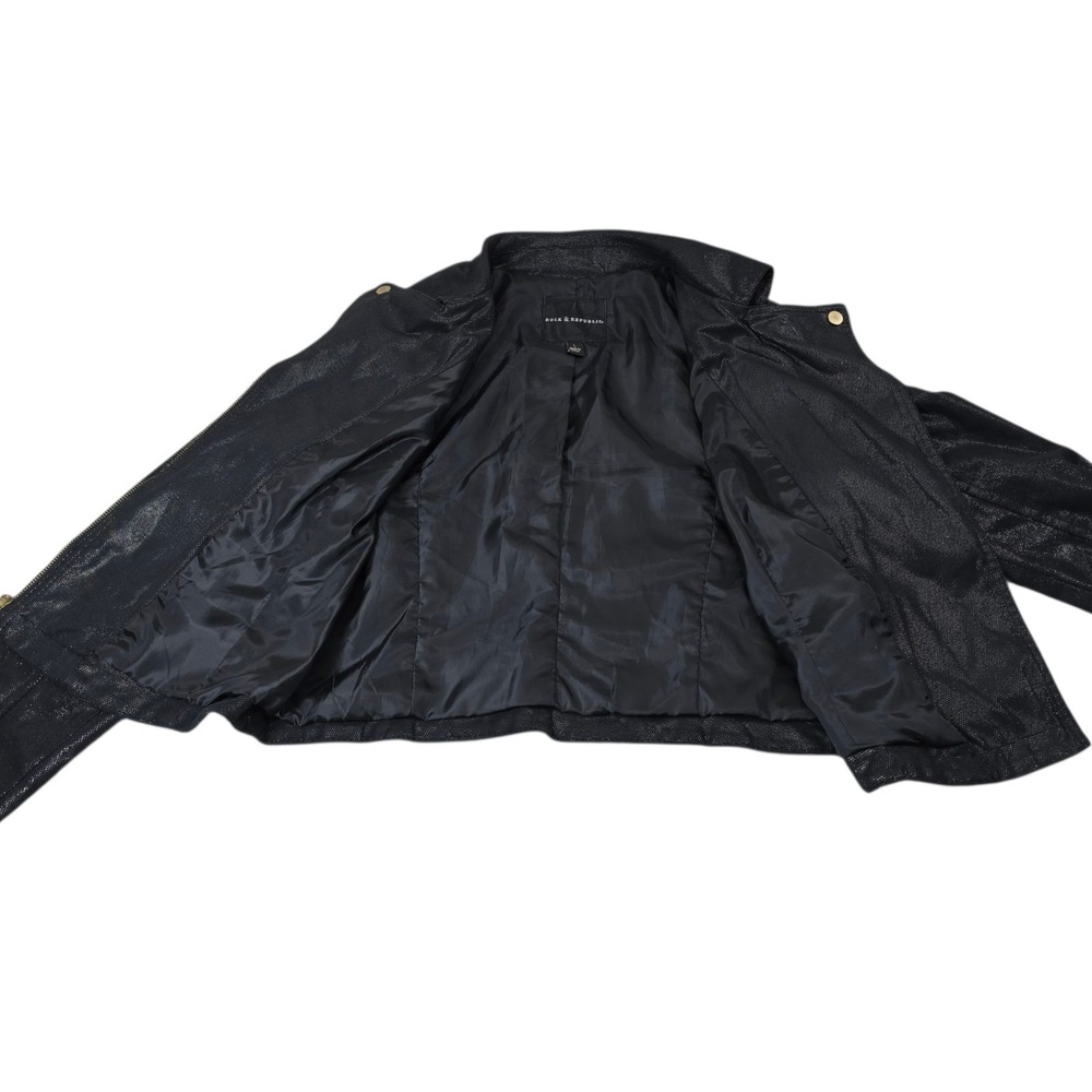 Rock & Republic Black Faux Leather Shiny Motorcycle Jacket Men's Large - Picture 7 of 10